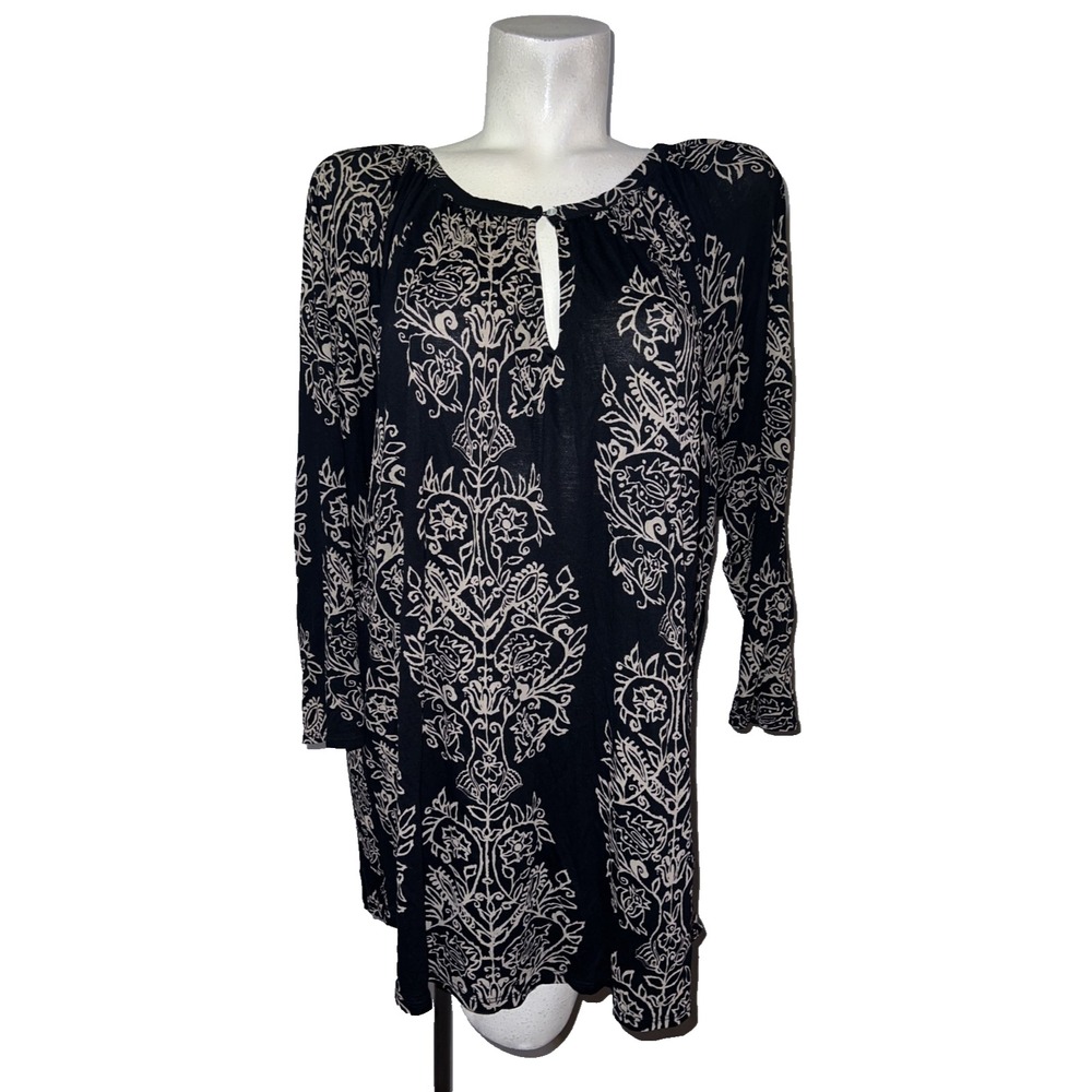 Lucky Brand Black Cream Damask Floral Keyhole Tunic Top Plus Size 3X Long Sleeve